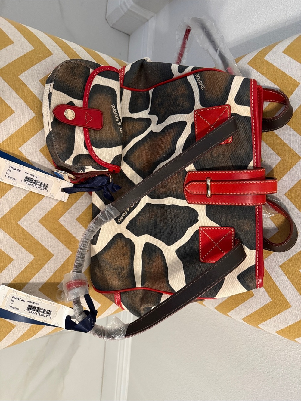 Dooney & Bourke Giraffe-Print Canvas Medium Tote/Wristley with Red Leather Trim
